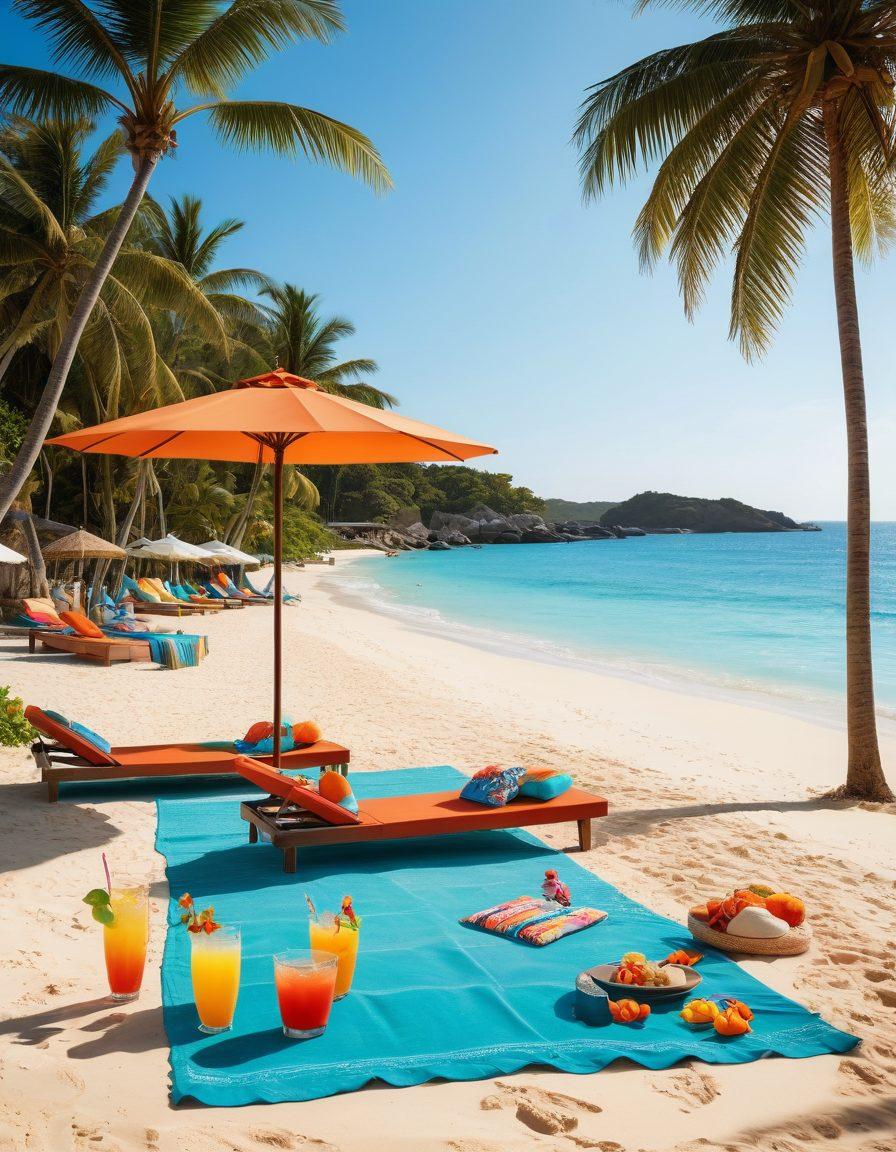 A stylish beach scene featuring models wearing a variety of vibrant swimwear, seamlessly transitioning from sleek activewear to elegant resort wear. Include elements like sun umbrellas, beach towels, and tropical drinks, all amidst a backdrop of crystal-clear water and golden sand. Capture the essence of summer fun and relaxation. Bright colors, cheerful vibe, and warm sunlight. super-realistic. vibrant colors.