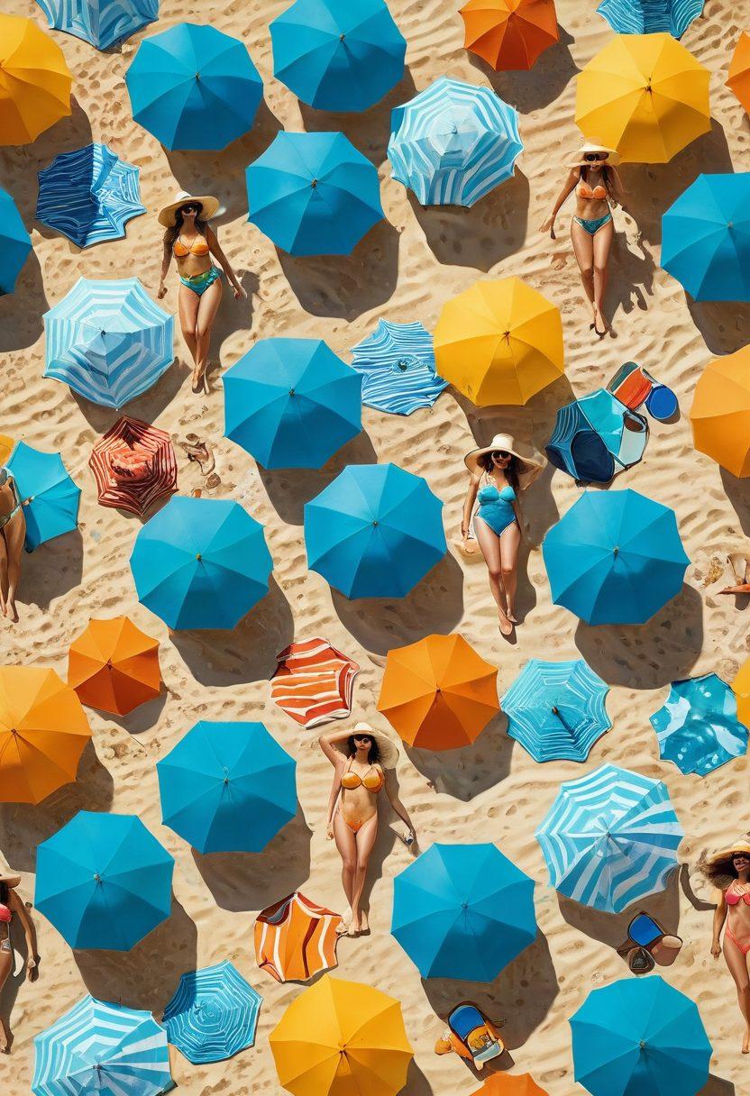 A stylish beach scene showcasing diverse individuals of various body types flaunting vibrant two-piece swimsuits, accessorized with sun hats and sunglasses. The setting features golden sand, turquoise waves, and a bright blue sky with fluffy clouds, inviting a sense of summer fun and body positivity. Include beach umbrellas, flip-flops, and beach towels to enhance the beach vibe. super-realistic. vibrant colors. sunny landscape.